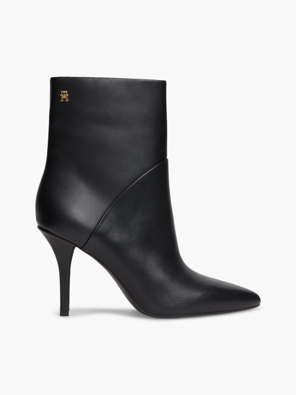 Leather Pointed Toe Heeled Ankle Boots — Black