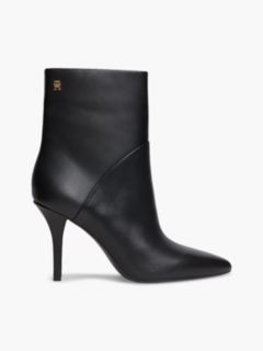 Leather Pointed Toe Heeled Ankle Boots — Black 1