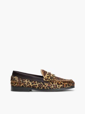 brown leather cheetah print penny loafers for women tommy hilfiger