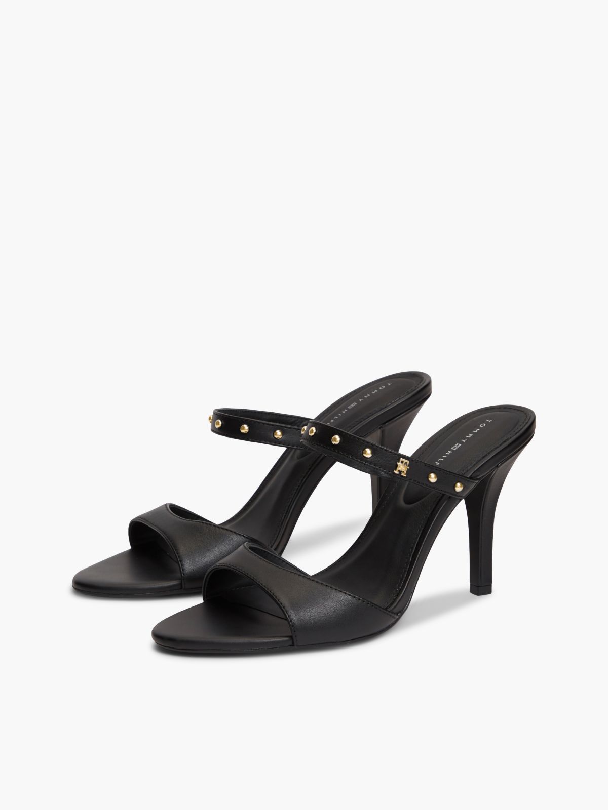 Leather TH Monogram Stud Heeled Sandals — Black
