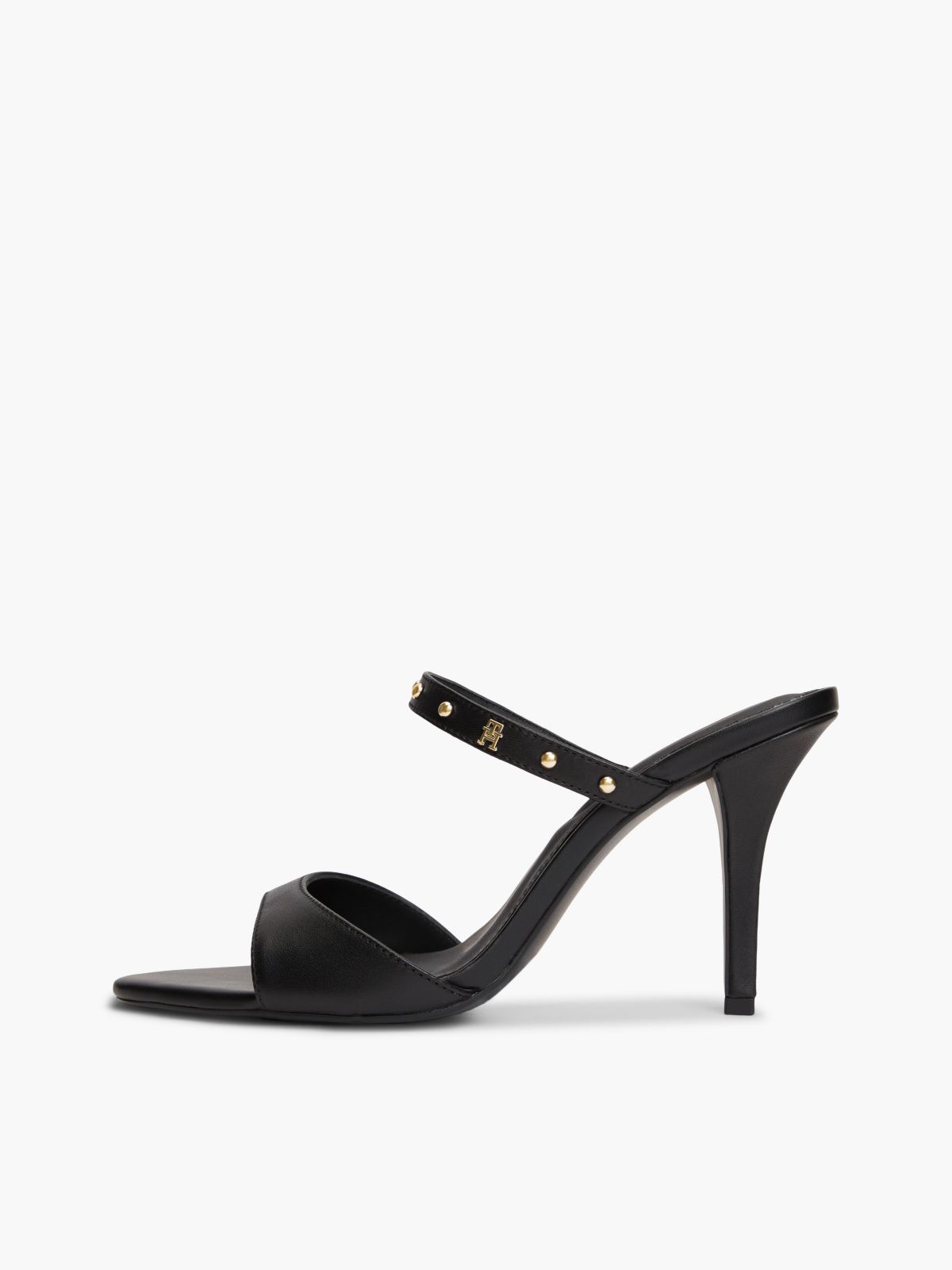 Leather TH Monogram Stud Heeled Sandals — Black