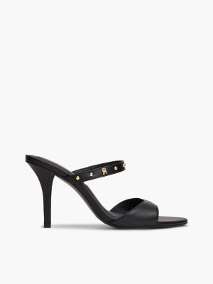 black leren sandaal met hak, studs en th-monogram voor dames - tommy hilfiger