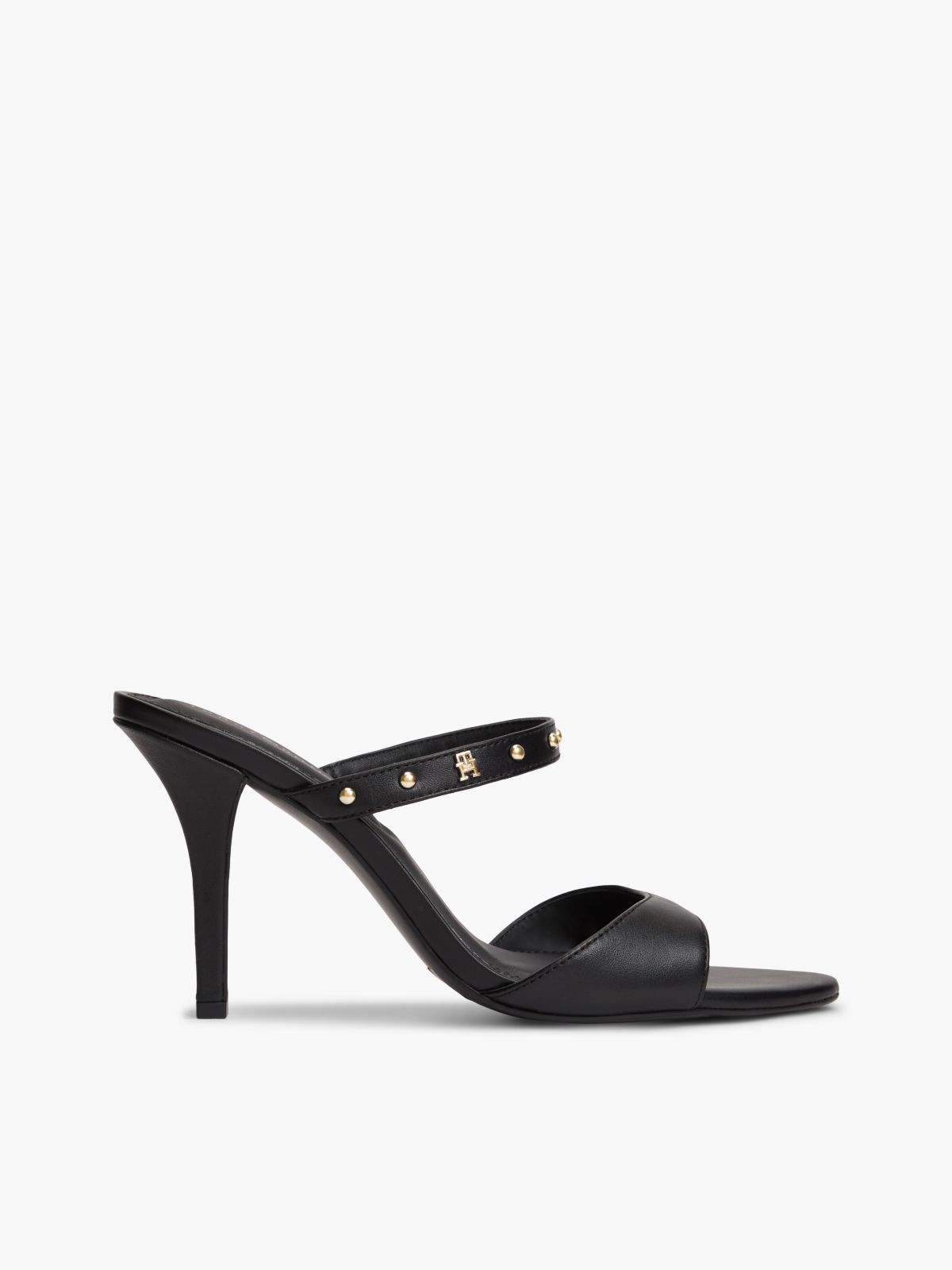 Leather TH Monogram Stud Heeled Sandals — Black