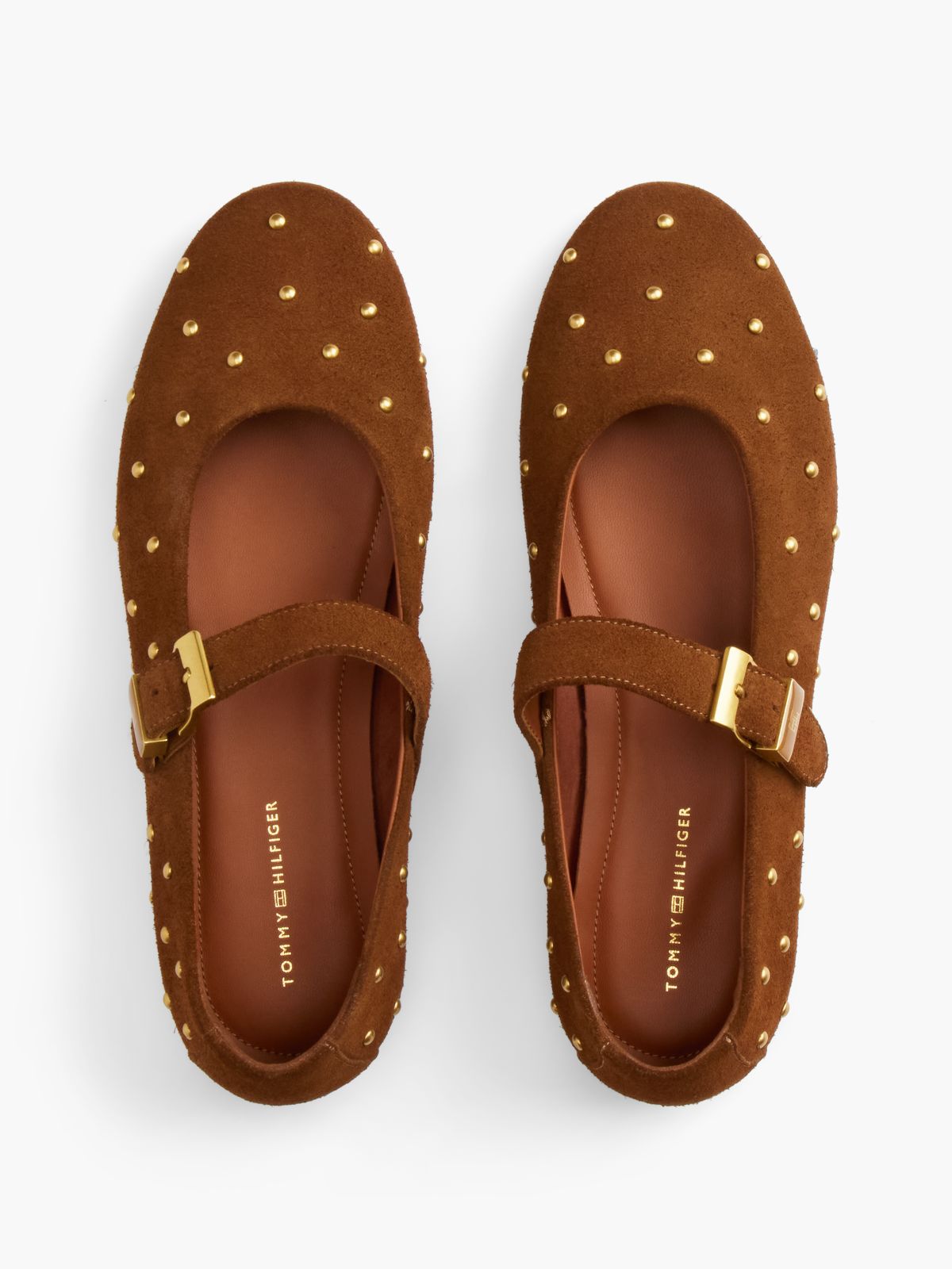 Suede Stud Buckle Mary Jane Ballerinas — Brown