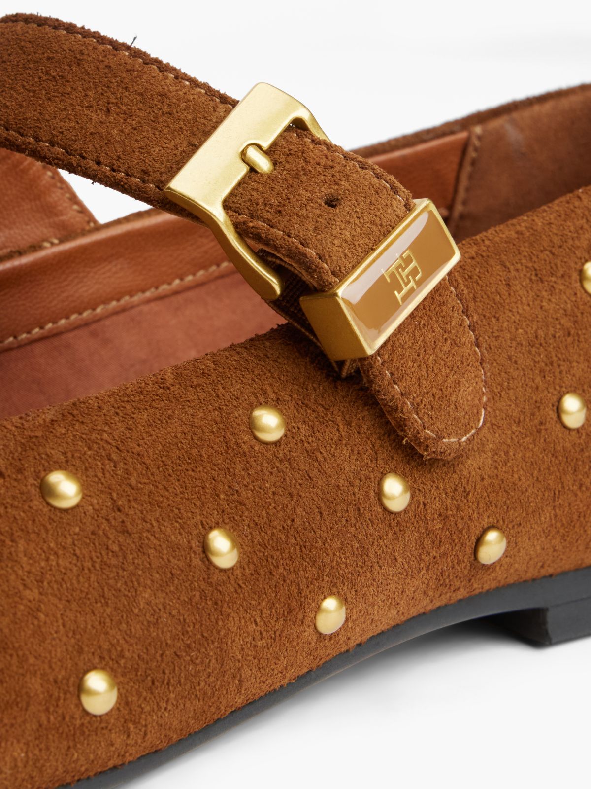 Suede Stud Buckle Mary Jane Ballerinas — Brown