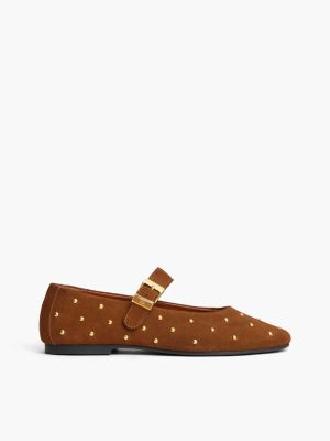 brown mary jane-ballerinas aus veloursleder mit nieten für damen - tommy hilfiger