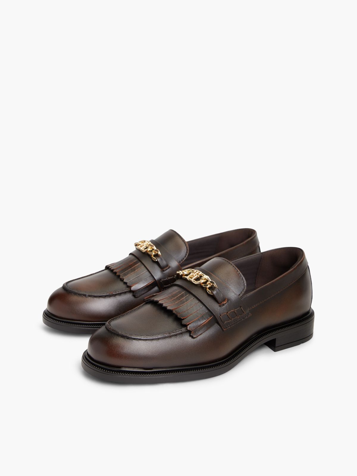 Leather Chain Horsebit Fringe Loafers — Brown
