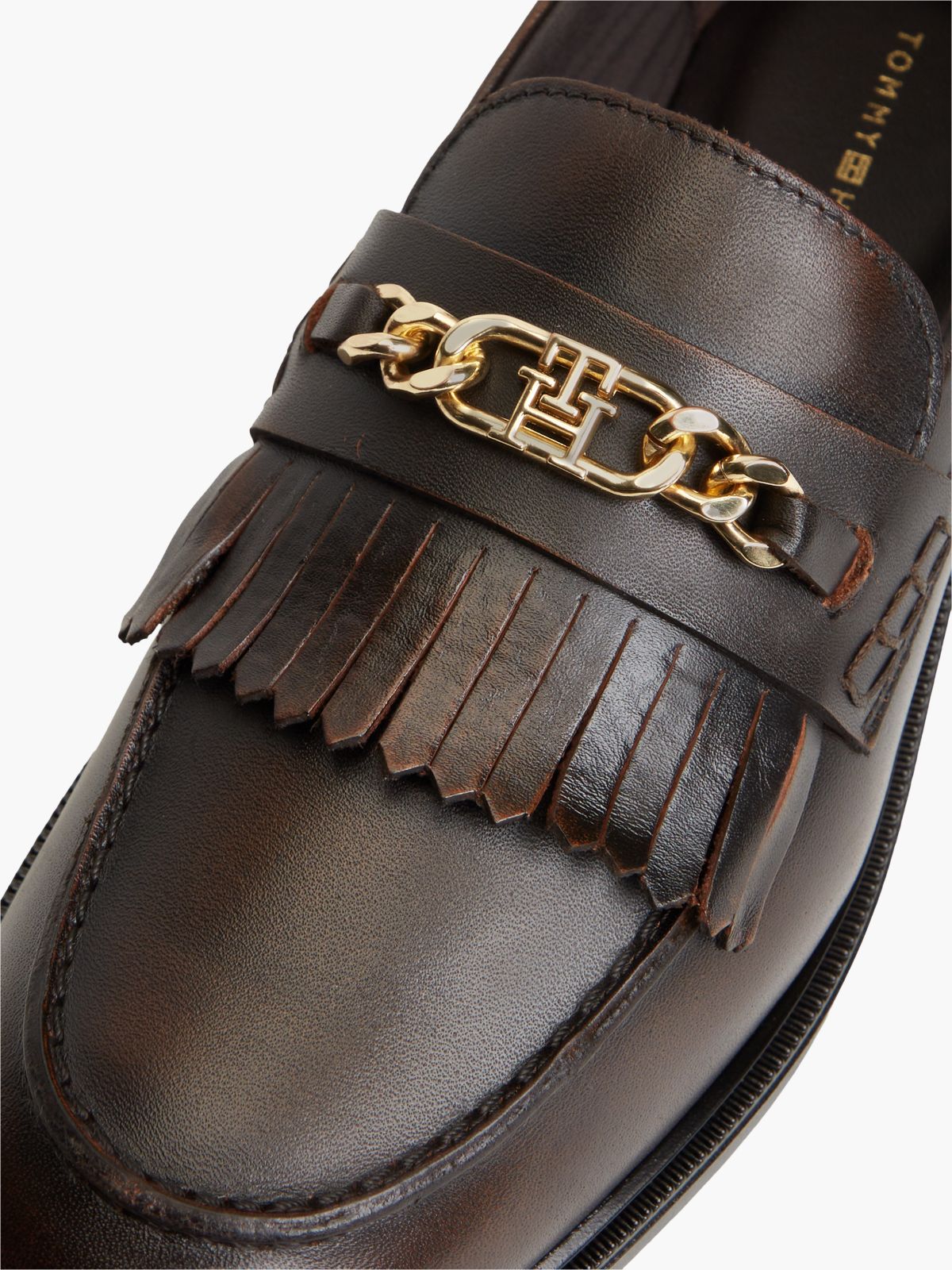 Leather Chain Horsebit Fringe Loafers — Brown