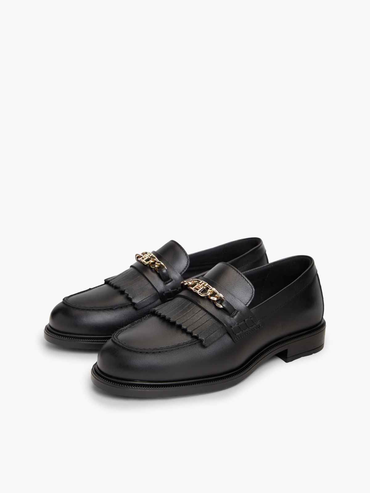 Leather Chain Horsebit Fringe Loafers — Black