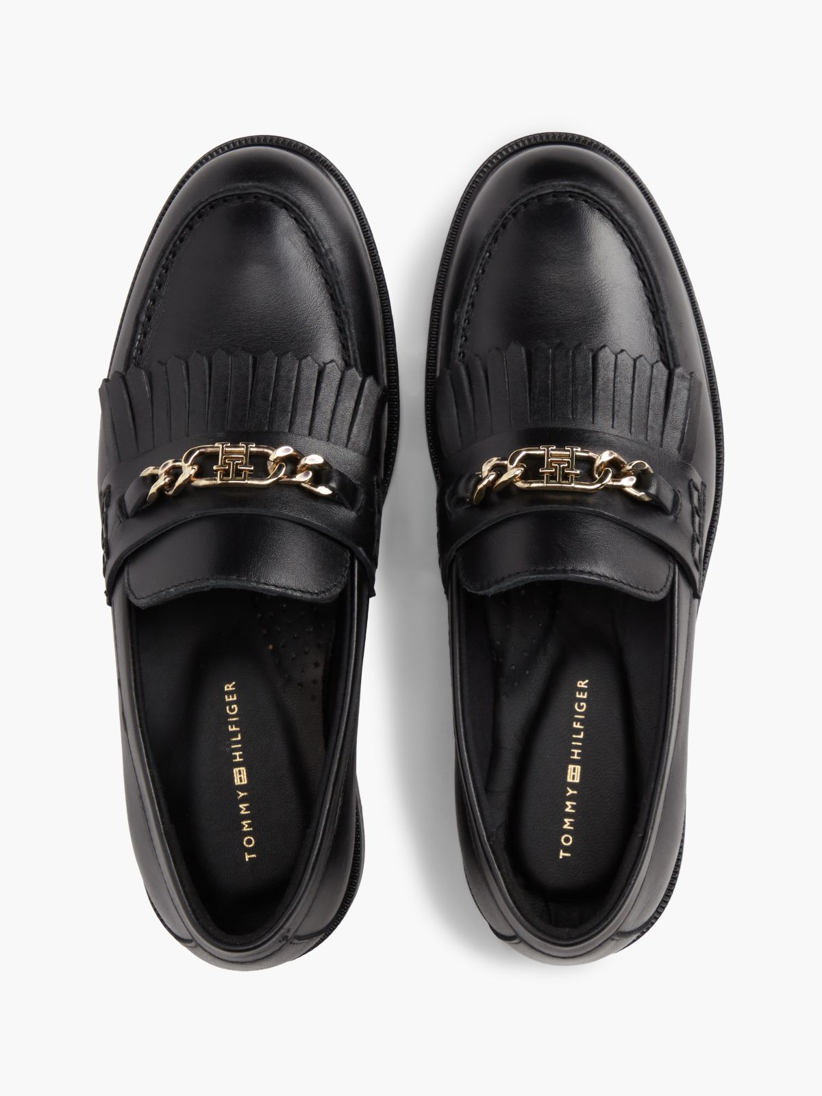 Leather Chain Horsebit Fringe Loafers — Black