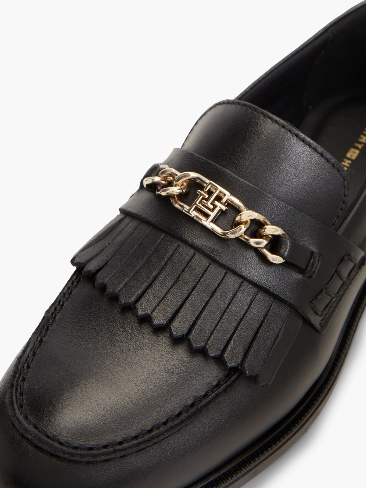Leather Chain Horsebit Fringe Loafers — Black