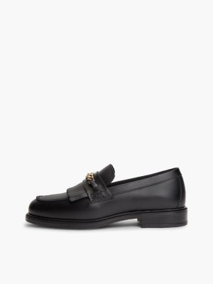 black leather chain horsebit fringe loafers for women tommy hilfiger