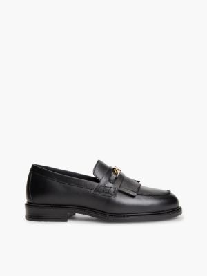 black leather chain horsebit fringe loafers for women tommy hilfiger
