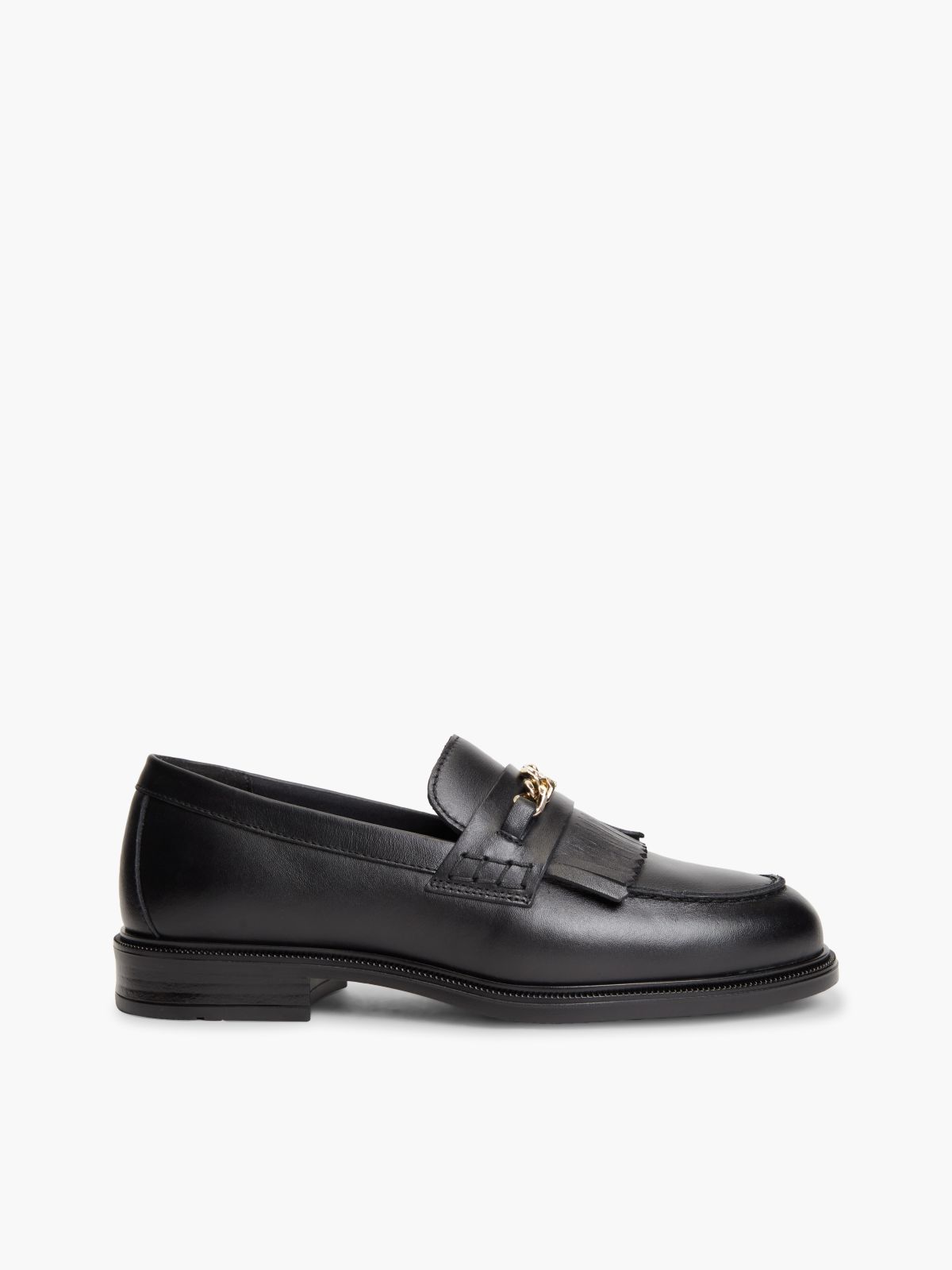 Leather Chain Horsebit Fringe Loafers — Black