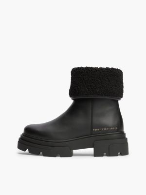 black shearling fold collar leather chunky ankle boots for women tommy hilfiger