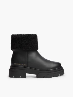 black shearling fold collar leather chunky ankle boots for women tommy hilfiger