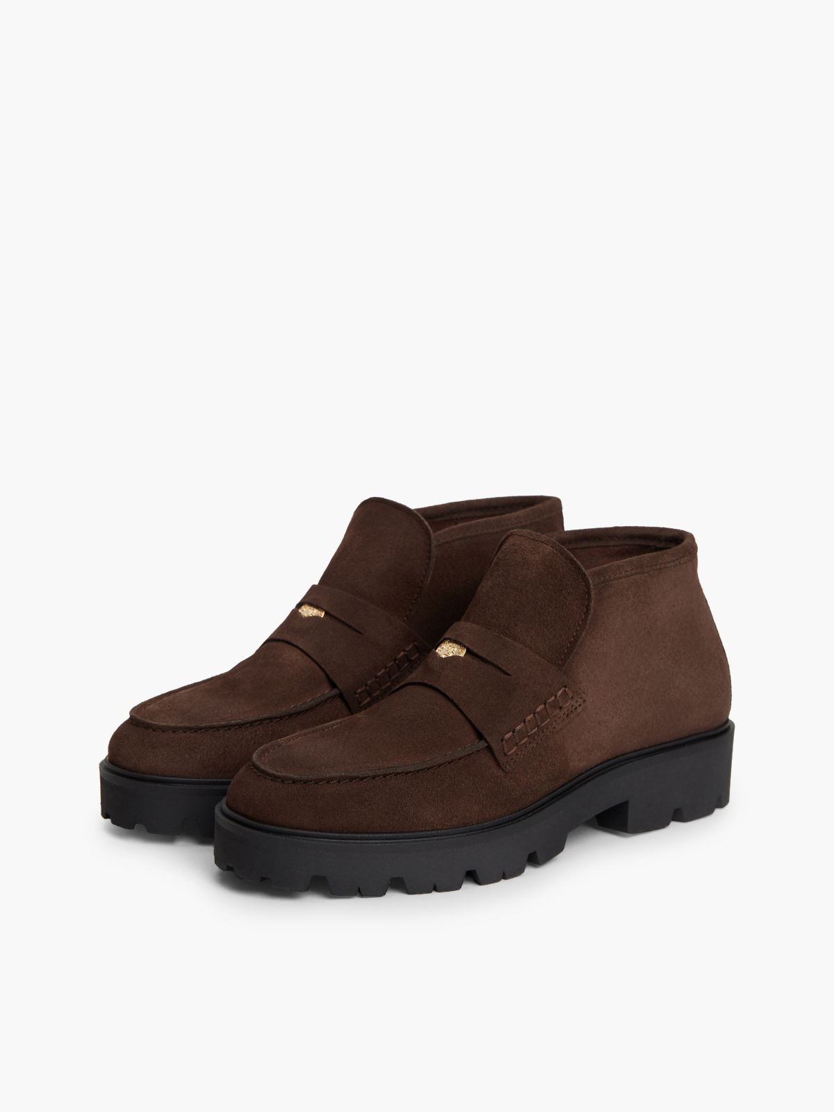 TH Monogram Suede Penny Loafer Boots — Brown