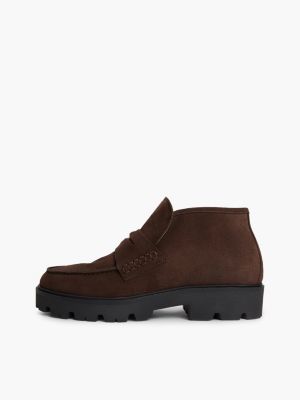 brown th monogram suede penny loafer boots for women tommy hilfiger