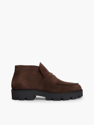 botines tipo mocasín de ante con monograma th brown de mujeres tommy hilfiger