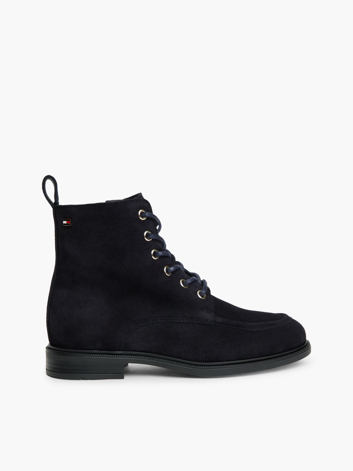 Suede Enamel Flag Lace-Up Boots — Blue