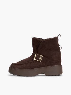 brown faux fur fold collar water resistant snow boots for women tommy hilfiger