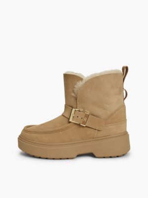khaki faux fur fold collar water resistant snow boots for women tommy hilfiger