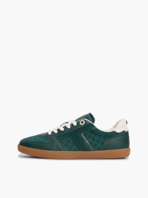 green th tribeca leather embossed monogram trainers for women tommy hilfiger