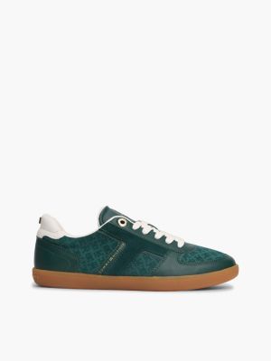 green th tribeca leather embossed monogram trainers for women tommy hilfiger