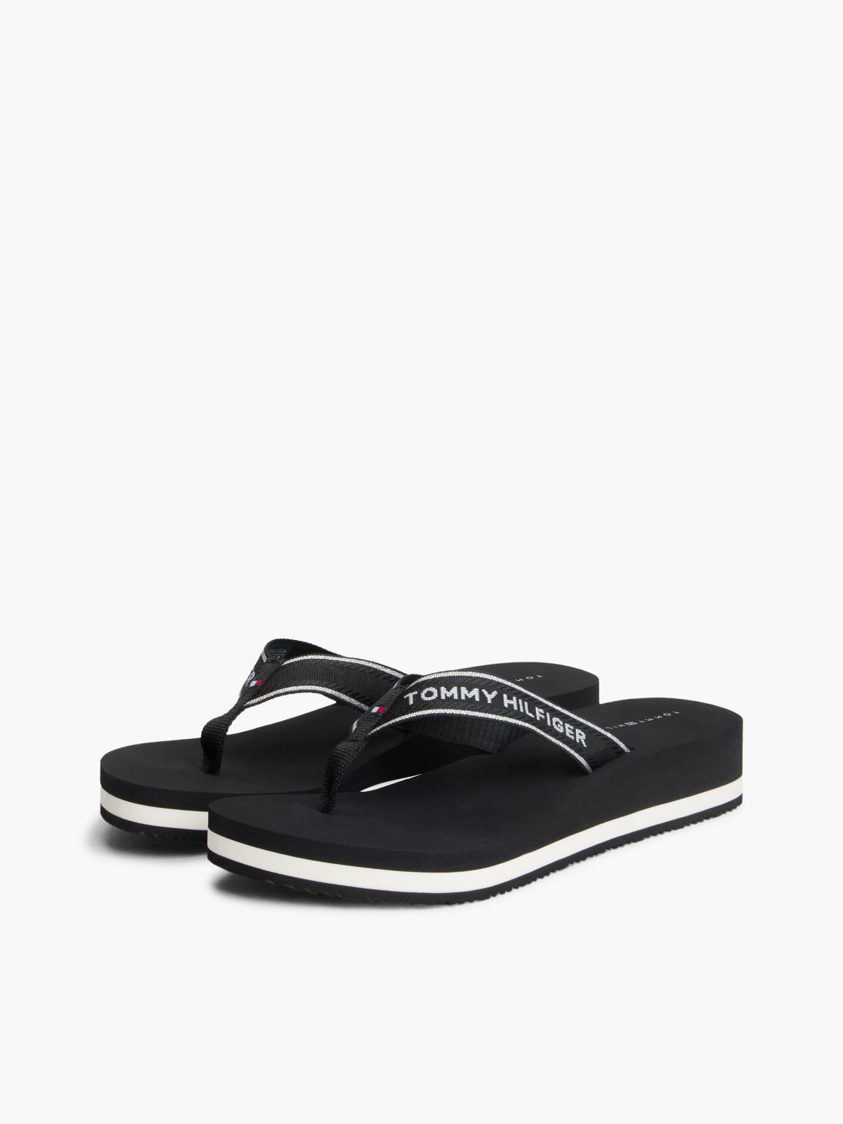 Logo Webbing Strap Wedge Flip-Flops — Black