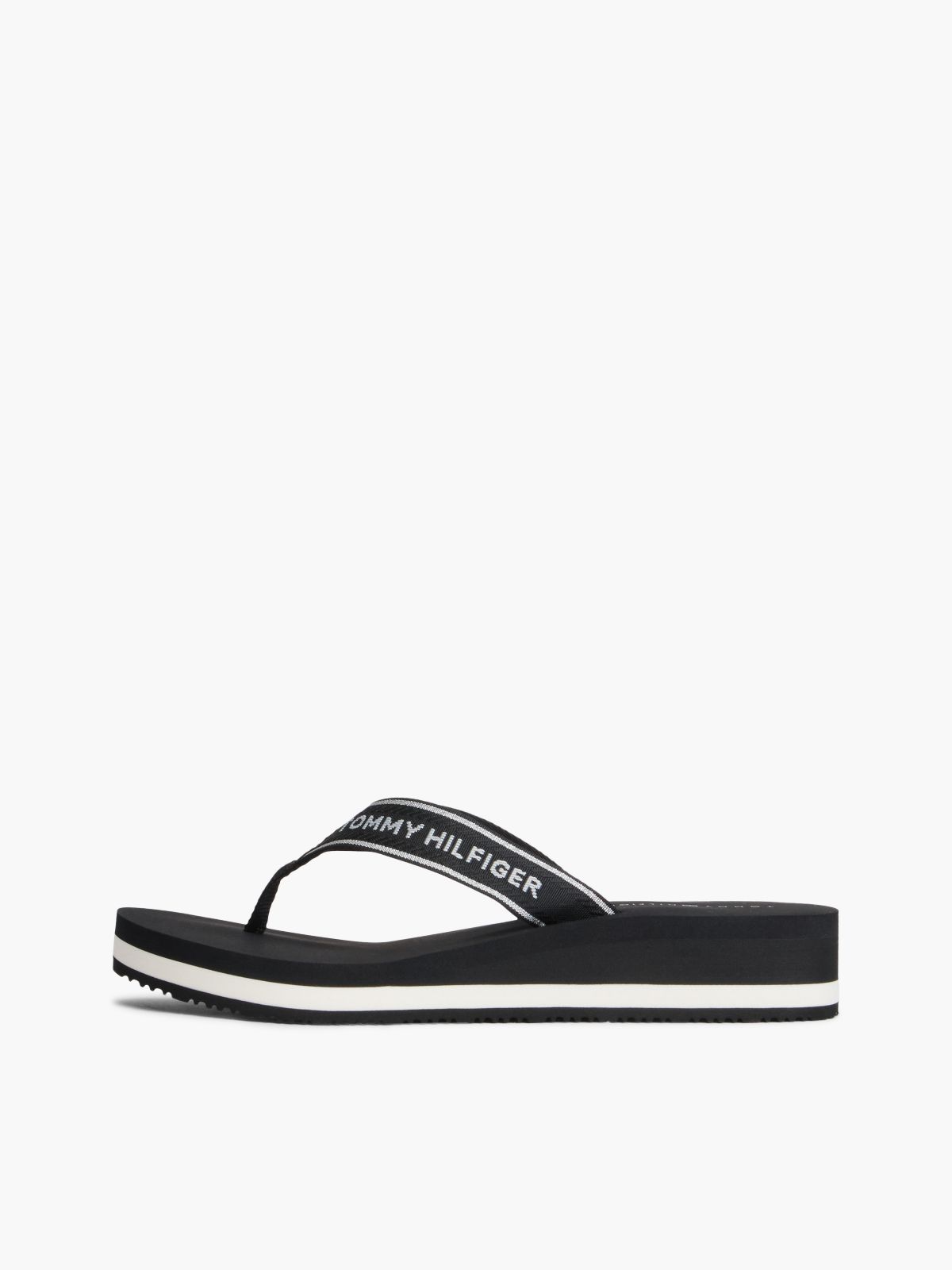 Logo Webbing Strap Wedge Flip-Flops — Black