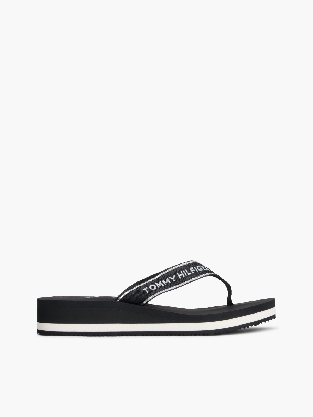 Logo Webbing Strap Wedge Flip-Flops — Black