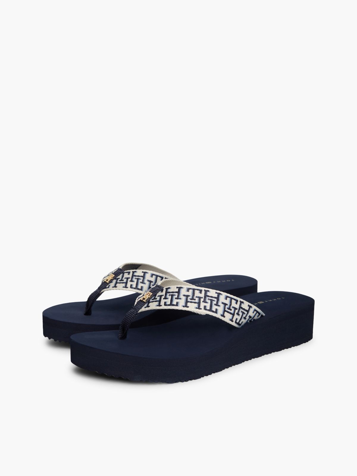 TH Monogram Webbing Strap Wedge Flip-Flops — Blue