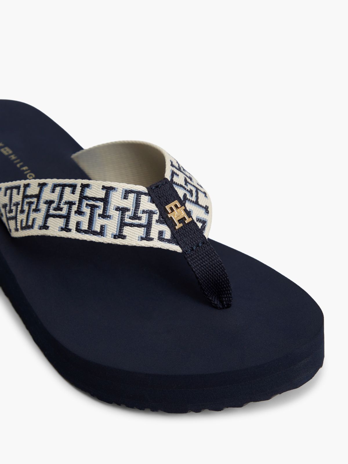 TH Monogram Webbing Strap Wedge Flip-Flops — Blue