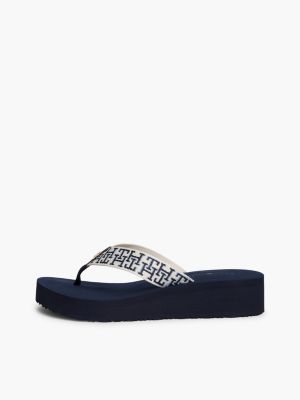 blue th monogram webbing strap wedge flip-flops for women tommy hilfiger