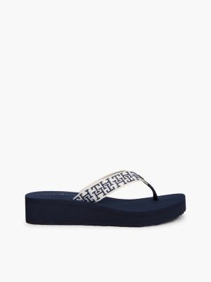 blue th monogram webbing strap wedge flip-flops for women tommy hilfiger