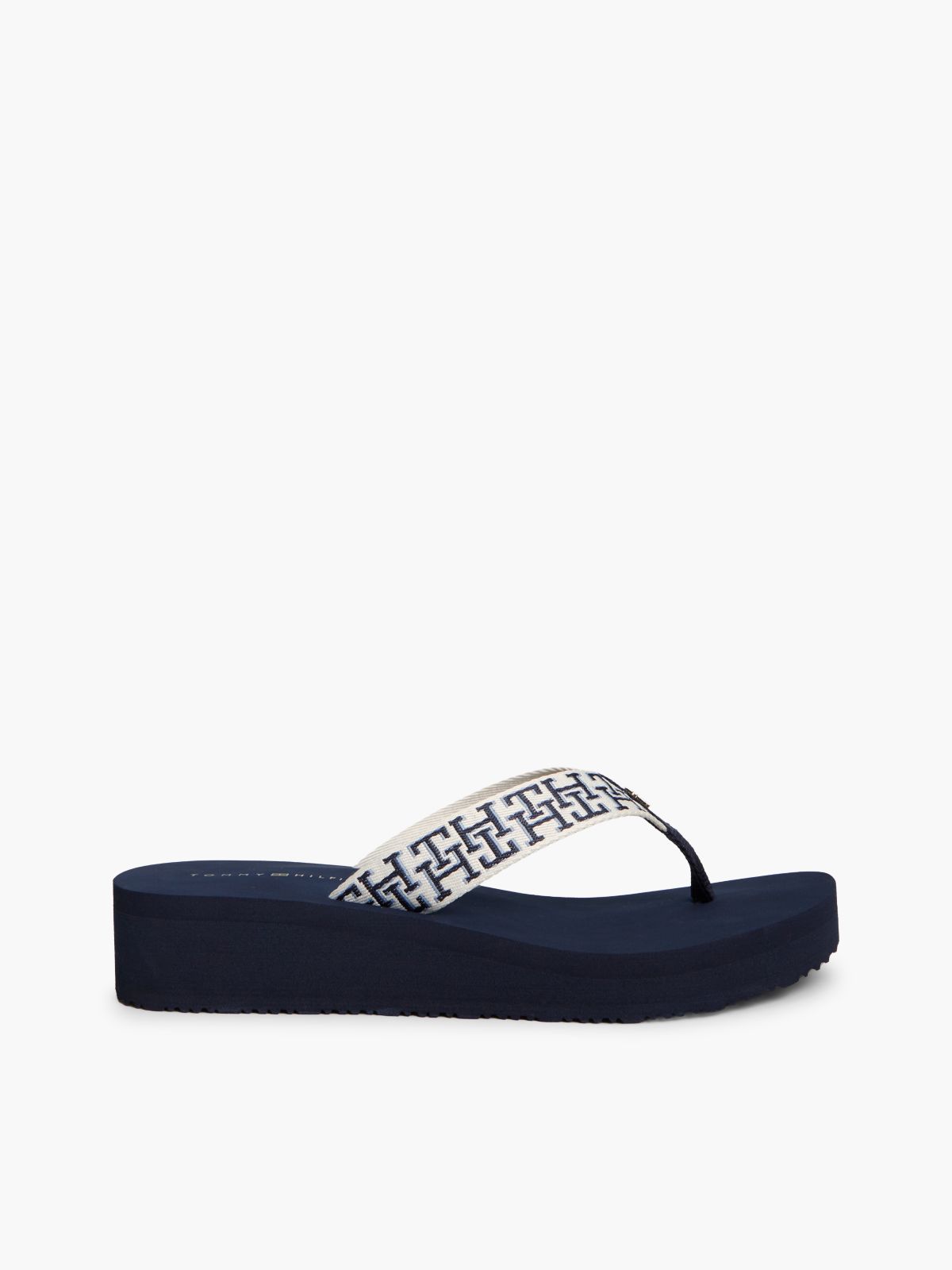 TH Monogram Webbing Strap Wedge Flip-Flops — Blue