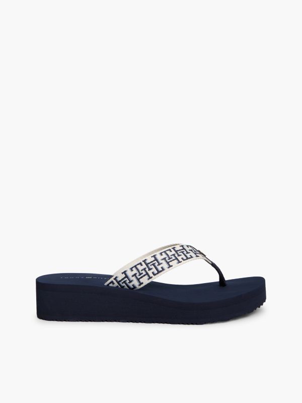 TH Monogram Webbing Strap Wedge Flip-Flops — Blue