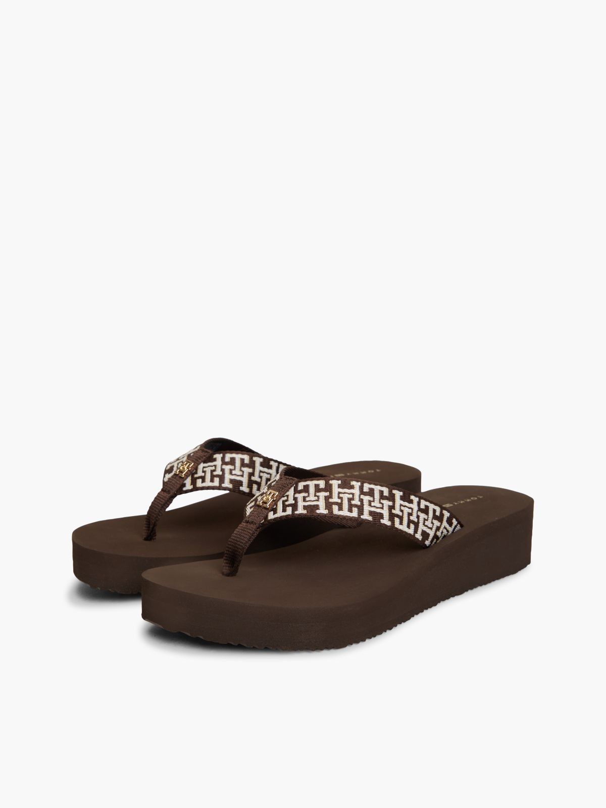 TH Monogram Webbing Strap Wedge Flip-Flops — Brown