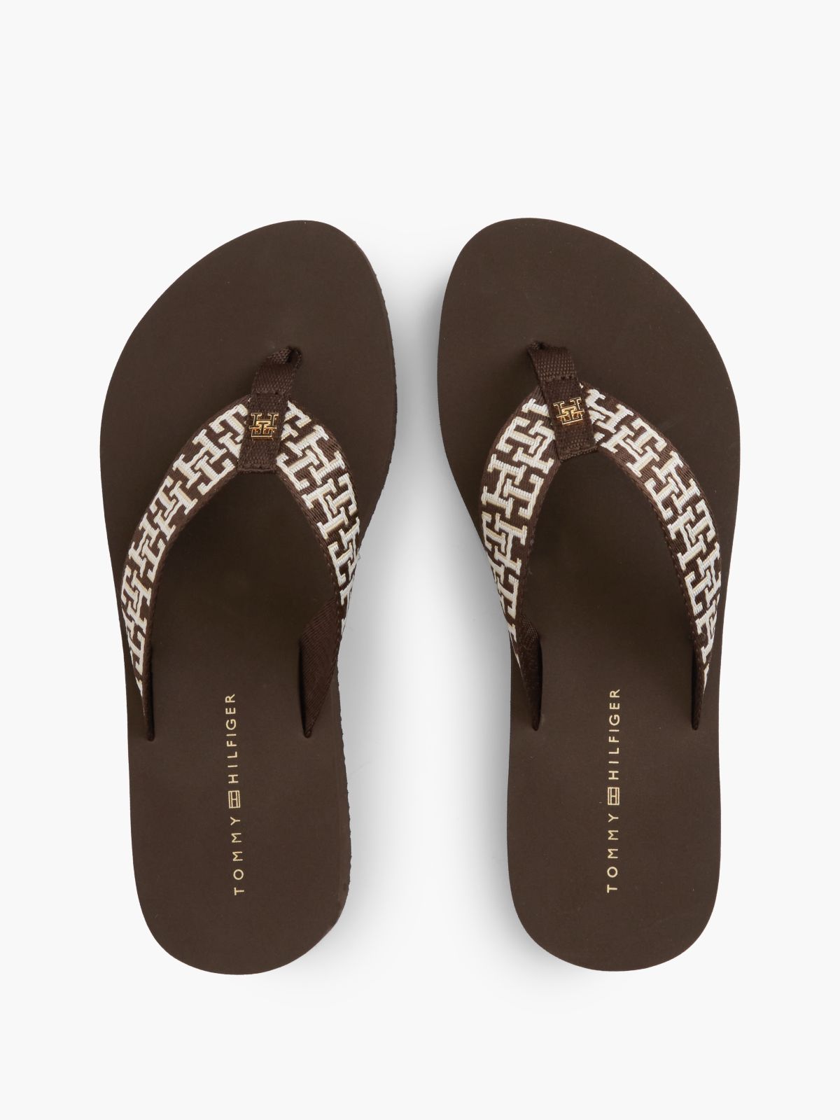 TH Monogram Webbing Strap Wedge Flip-Flops — Brown