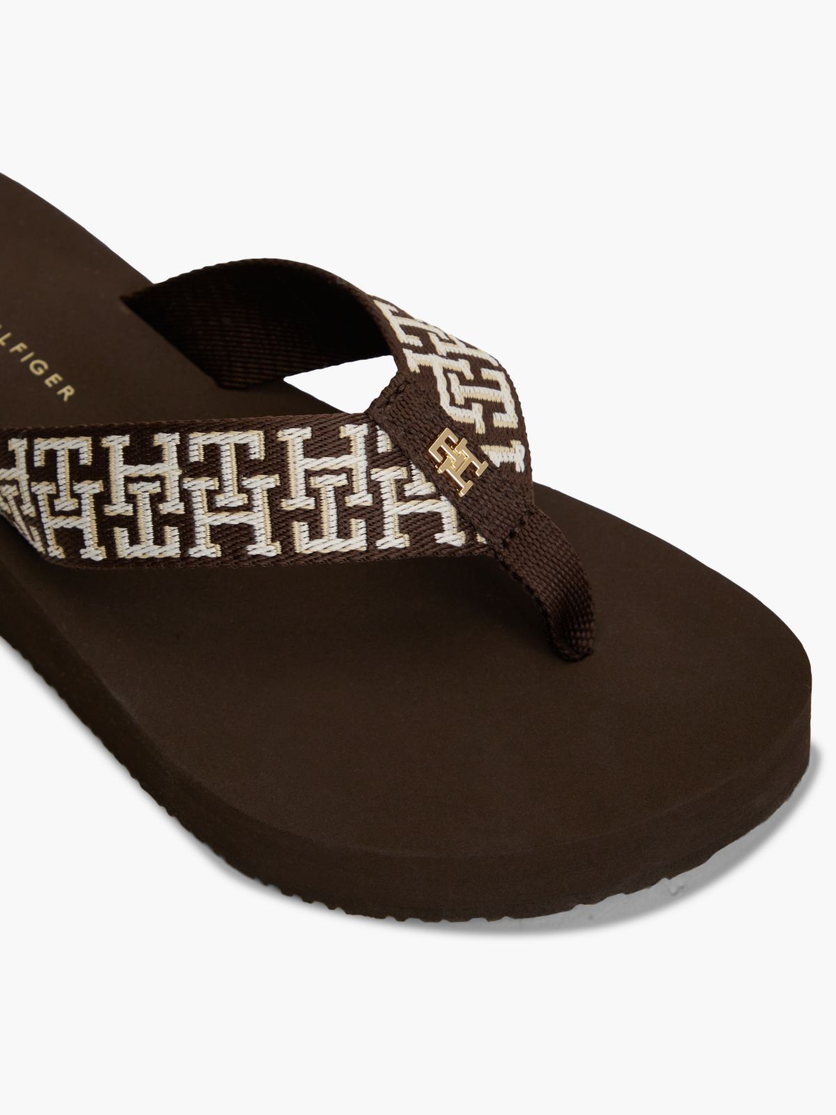 TH Monogram Webbing Strap Wedge Flip-Flops — Brown