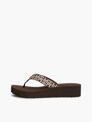 brown th monogram webbing strap wedge flip-flops for women tommy hilfiger
