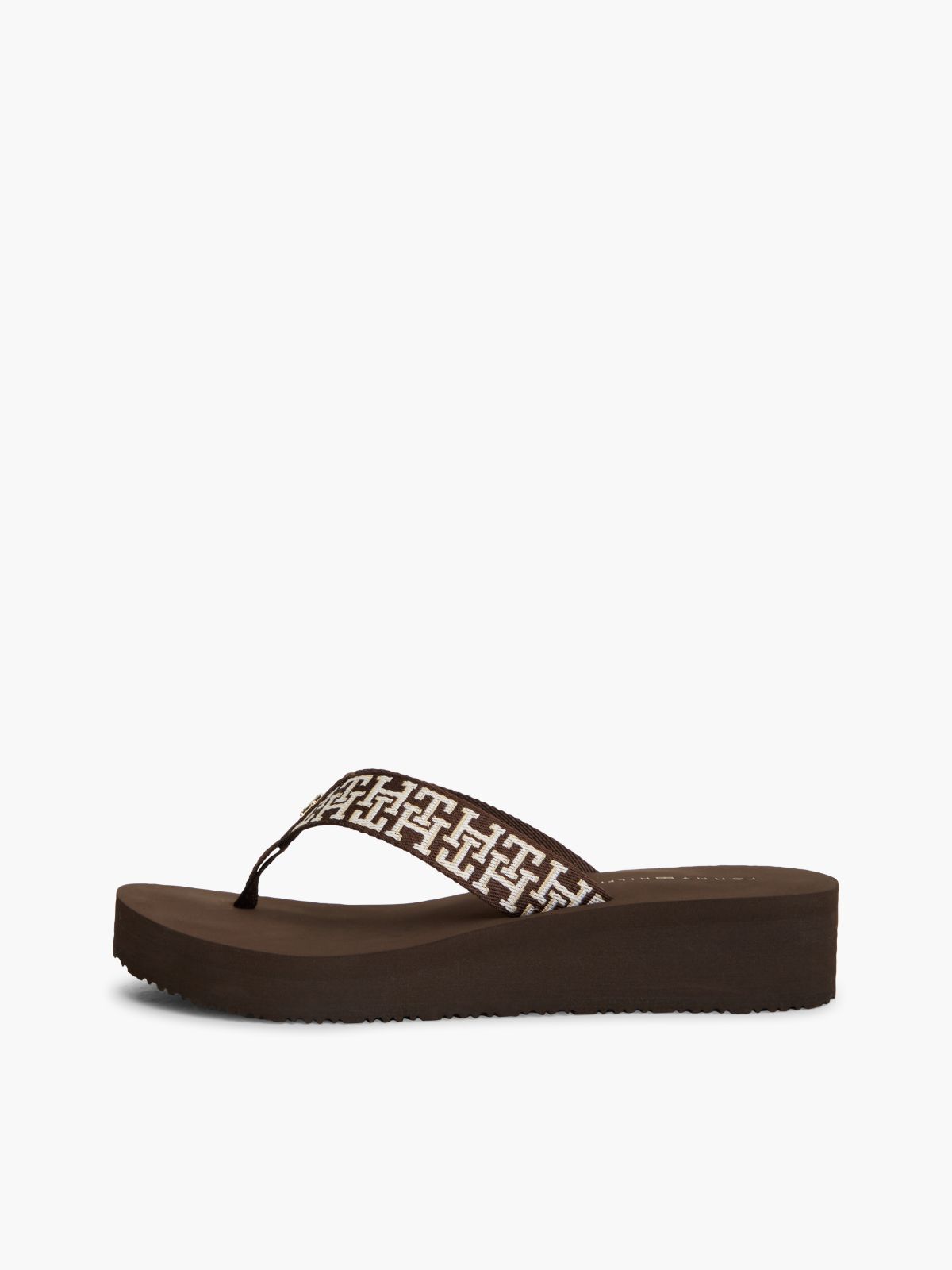 TH Monogram Webbing Strap Wedge Flip-Flops — Brown