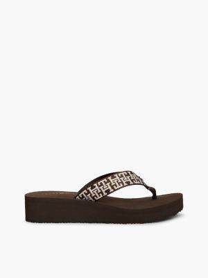 brown th monogram webbing strap wedge flip-flops for women tommy hilfiger