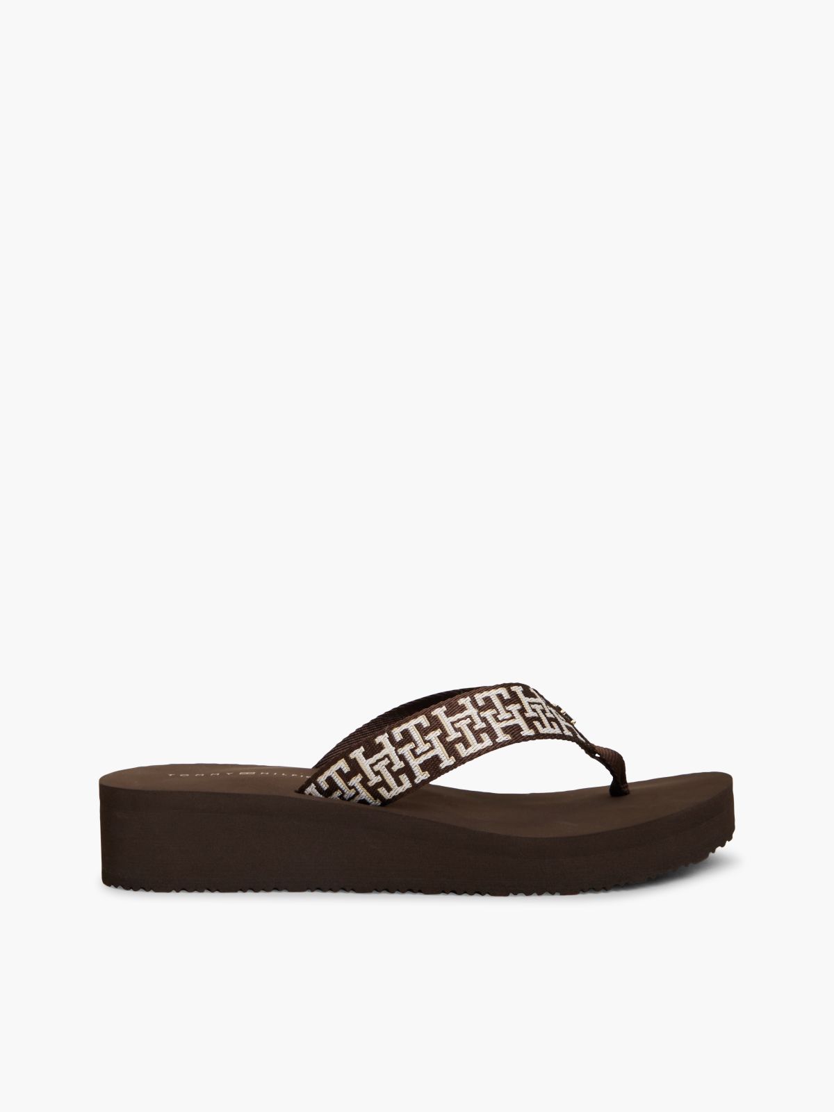 TH Monogram Webbing Strap Wedge Flip-Flops — Brown