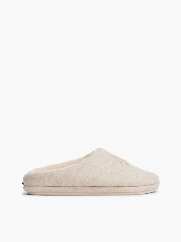 Logo Embroidery Flannel Slippers — Beige