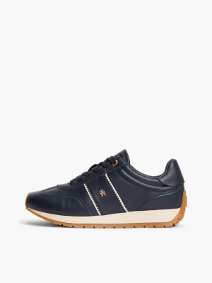 blau leder-sneaker mit gummiertem th-monogramm für damen - tommy hilfiger