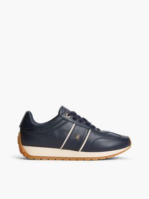 blue leather rubberised th monogram trainers for women tommy hilfiger