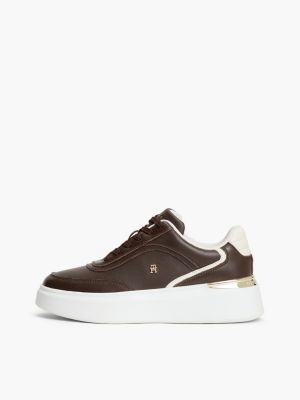 brown leather th monogram platform trainers for women tommy hilfiger