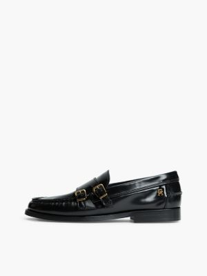 schwarz leder-loafer mit doppel-schnalle für damen - tommy hilfiger