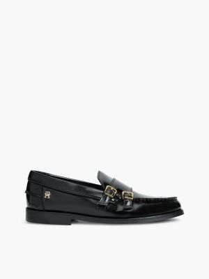 black leder-loafer mit doppel-schnalle für damen - tommy hilfiger